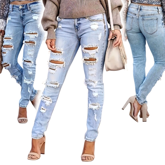 ⚫️ High Waisted Ripped Hole Distressed Light Wash Denim Skinny Jeans Medium 6 - Picture 1 of 8